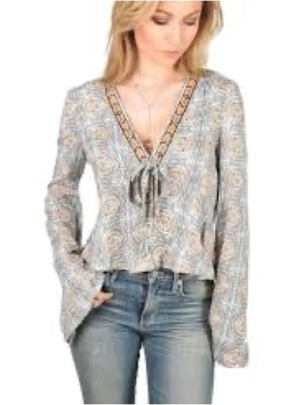 Free People time of your life Grey and Tan Medallion Tie-Front Blouse
